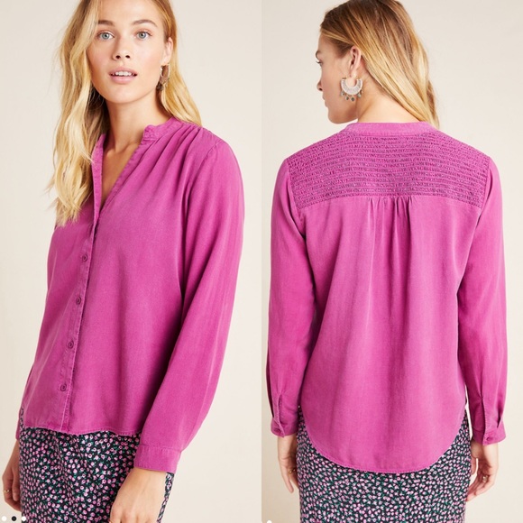 Anthropologie Tops - Anthropologie Sz Md Smocked Chambray Buttondown